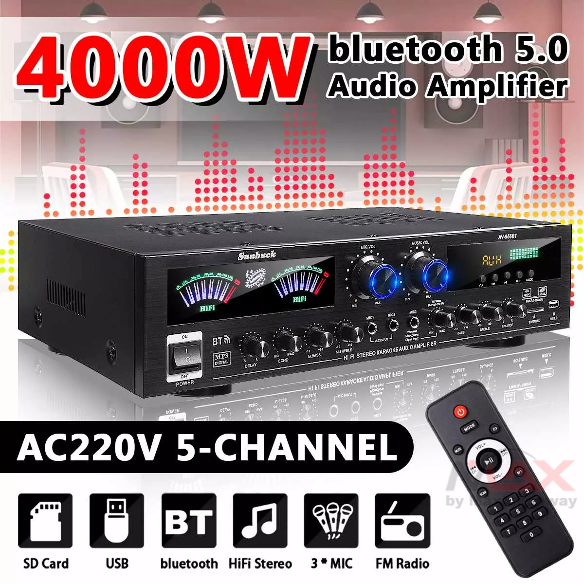 Sunbuck AV-555BT Ampli 4000W 5CH Bluetooth 5.0 Home Theater Amplifiers Audio FM USB SD 3Mic With Remote Bass Audio Power bluetooth Digital Amplifier Hifi Proffesional karaoke cafe dangdut &amp; stage Subwoofer Speakers 220V &amp; 12V for mobile HIFI system