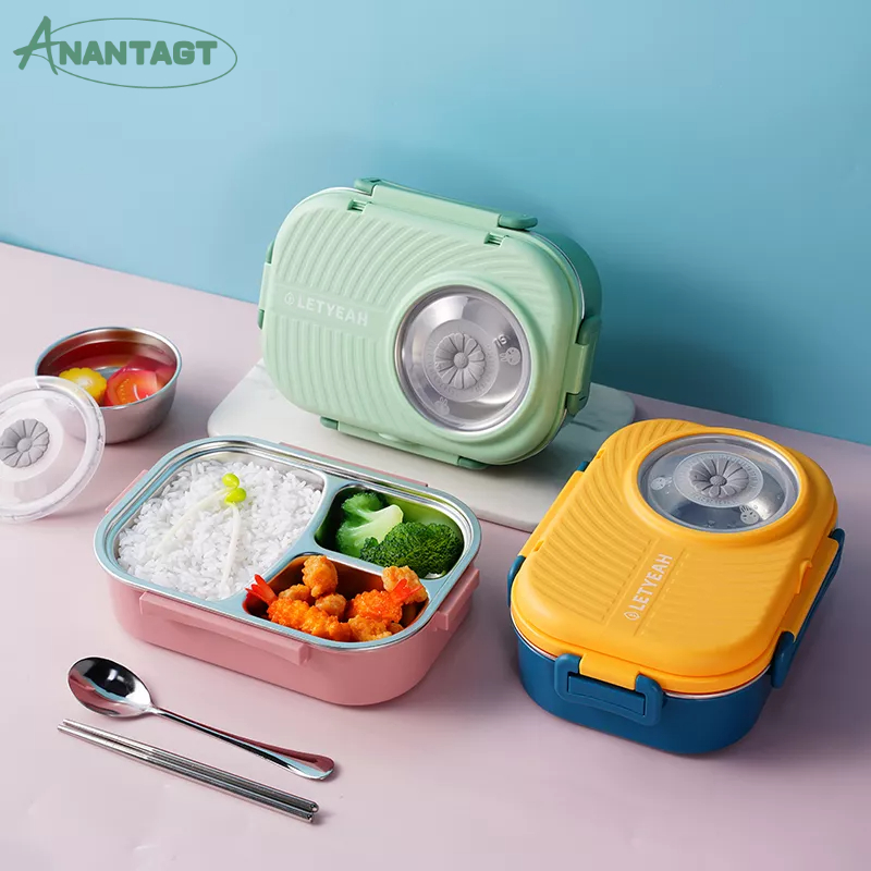 Letyeah &amp; Anantagt Tempat Kotak Makan Anak Dewasa 3 Grid Bento Lunch Box Stainless Steel 1000ml Mangkuk Sup