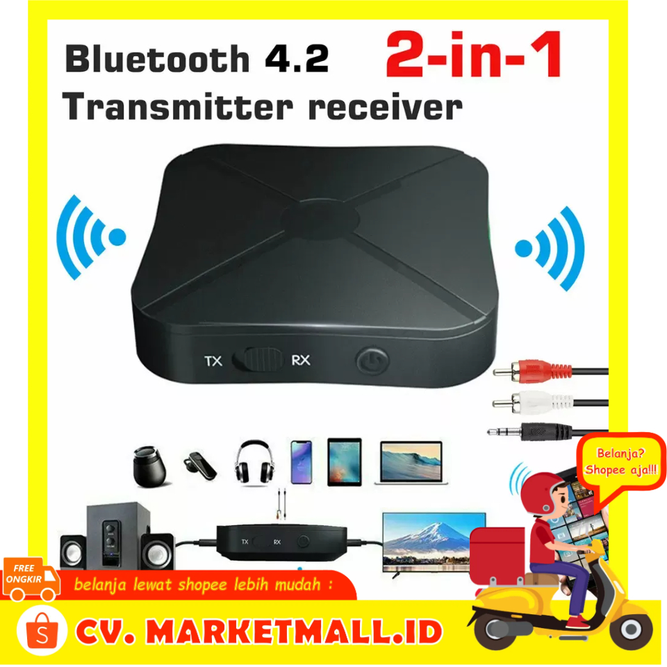 Audio Bluetooth Receiver Transmitter 2 IN 1 Dengan Baterai 5.0 AUX 3.5mm AUX Jack RCA Stereo Music Wireless Adapter For TV PC Car Speaker Kebidu KN319 - 7RSKDBBK