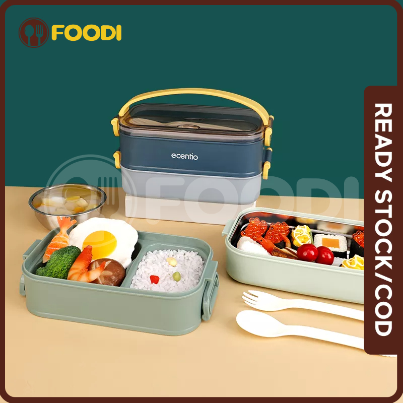 ecentio &amp; FOODI 1200ml 2 susun Lunch Box stainless tahan panas anti tumpah/Lunch box 1600mlset anti tumpah tempat makan kotak makan portable tempat makanan 2 susun free sendok/3pcs Sendok Makan/Stainless Steel Sumpit Sendok/Mini termos sup anti tumpah 480