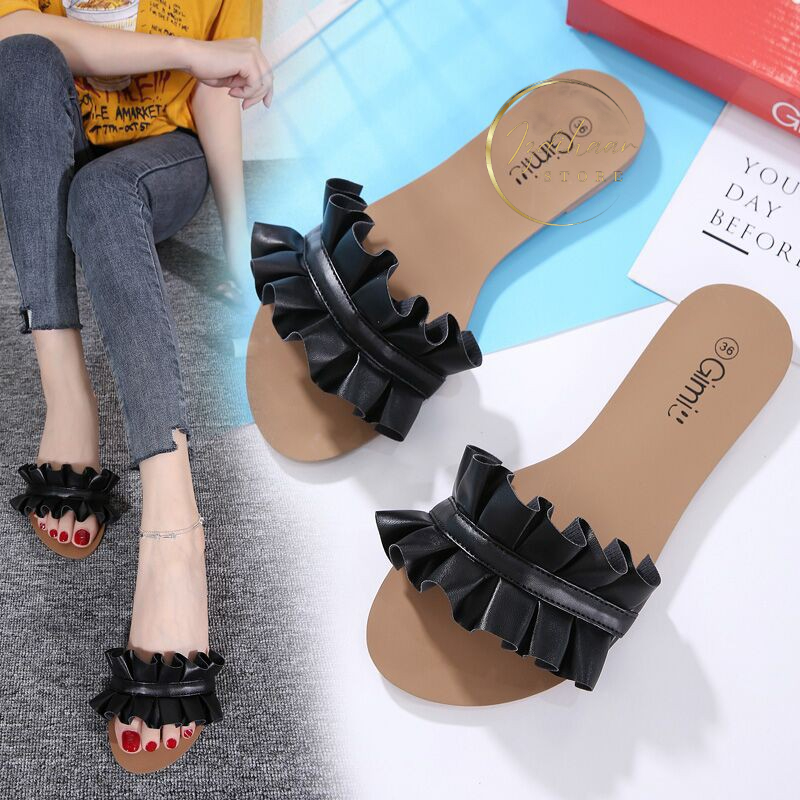 SANDAL WANITA KEKINIAN FLAT SELOP KERUT PEREMPUAN IBU-IBU