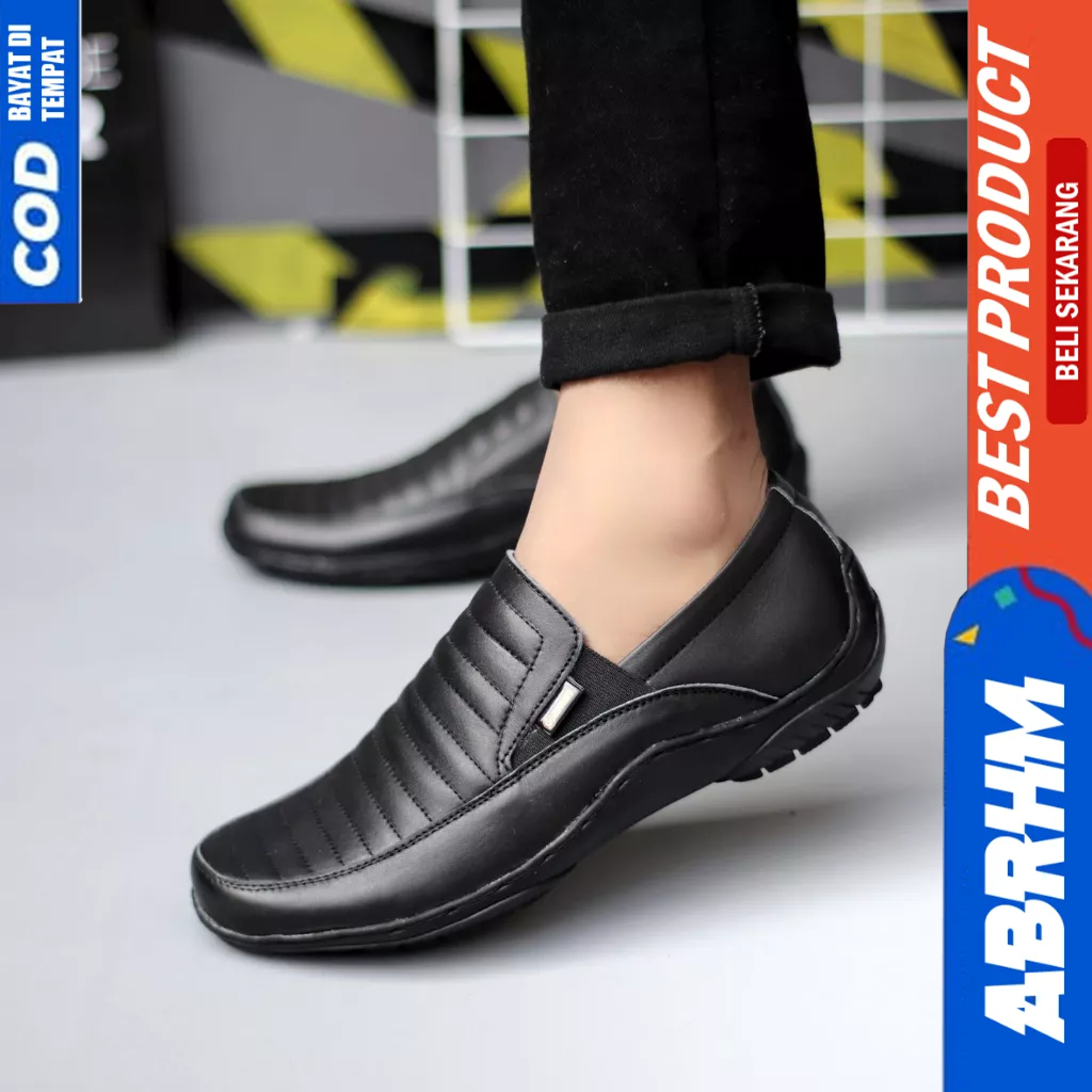 ABRHM Formal Slop Kulit Asli Pantofel Hitam Kerja Pria