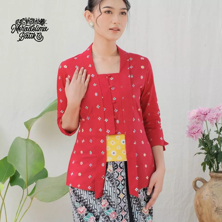 Kebaya Kutubaru Etnik Jasmine Lengan 7/8 Meradelima Katun Merah