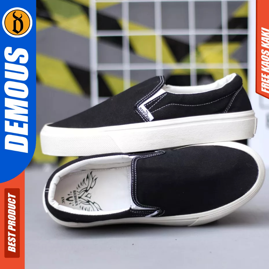 DEMOUS BRANZ - Sepatiu Casual Sneaker Slip-on Hitam Sekolah Pria