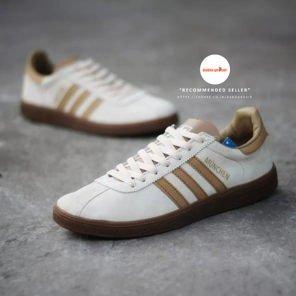 PROMO Sepatu Sneakers Adidas Munchen Cream White Beige City Series Premium TOP Quality Include Box, Bahan Kulit Suede ASLI, Harga Termurah