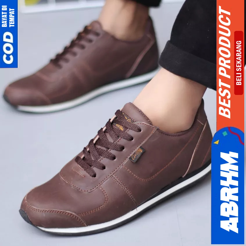 ABRHM Sepatu Casual Sneakers Hitam Kulit Asli Kerja Pria