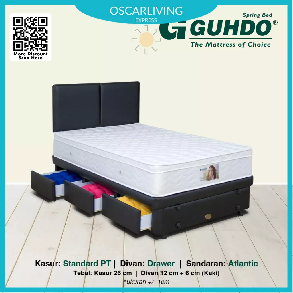 Guhdo Springbed / Kasur Standard Plushtop Putih Tebal 26 Cm Divan Drawer Set Atlantic Hitam Fullset 