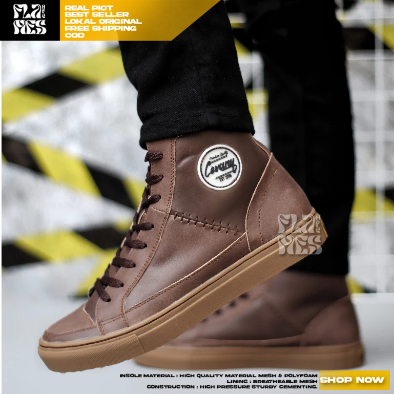 FLAMES Sepatu Casual Sneakers Tinggi Kulit Asli Pria