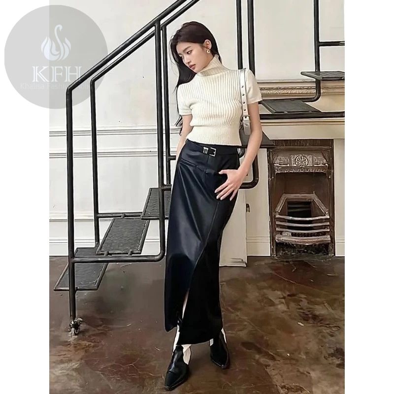 Rok Kulit Panjang Maksi Pensil Rok Kulit Wanita Korea A-Line Split Belahan Depan Lurus High Waist Ro