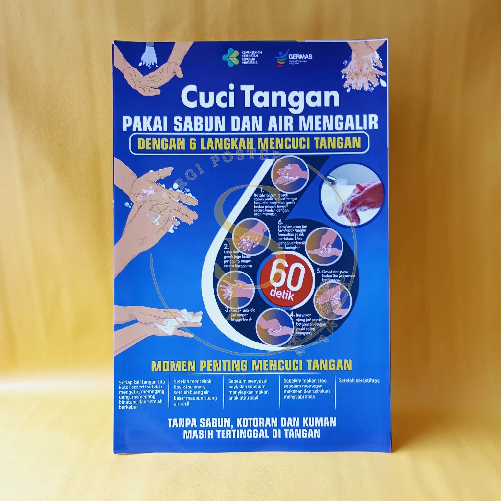 Poster Cuci Tangan | Poster 6 Langkah Mencuci Tangan | Poster Cara Cuci Tangan dengan Sabun dan Air 