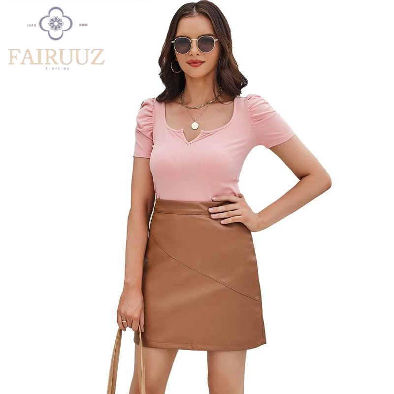 Rok Mini Kulit Vintage Pola Segaris Rok Wanita PU Leather Skirt Women's Black Elastic Korean Women S