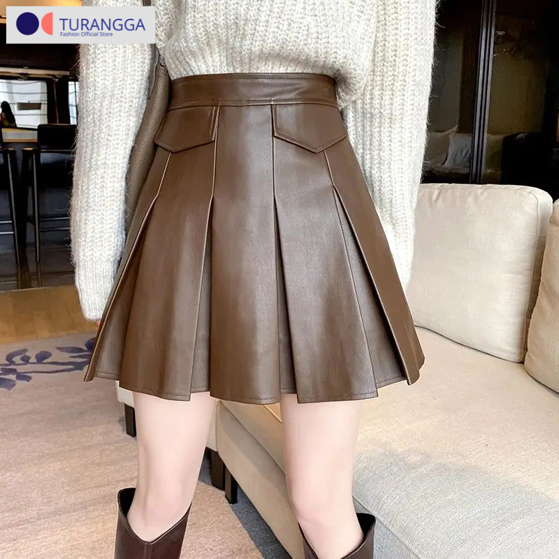 Rok Lipit Kulit Wanita Rok Pendek Rempel Model Rok Korea Style High Waist Rok Mini Kulit Kasual Stre