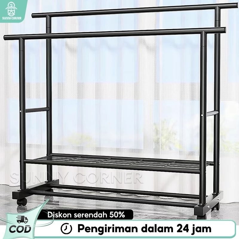 Rak Gantungan Baju Stand Hanger 2 tingkat Gawang Baju Jemuran Pakaian Portable Jemuran Baju Dengan 4