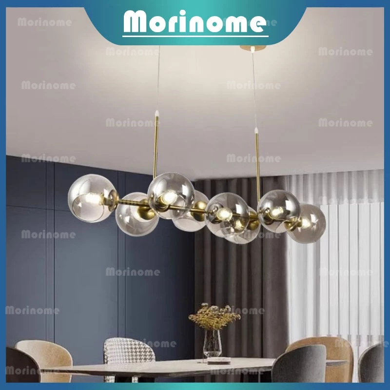 Lampu Gantung Minimalis Ruang Makan Mini Bar Modern LED Emas 8 Bola Kaca Abu-abu Lampu Hias Ruang