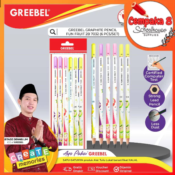 

GREEBEL Pensil Pencil Kayu Karakter/Grafit/Graphite 2B 7032 FUN FRUITE tdk beracun utk ujian sekolah/gambar (FABP) - UTI0462