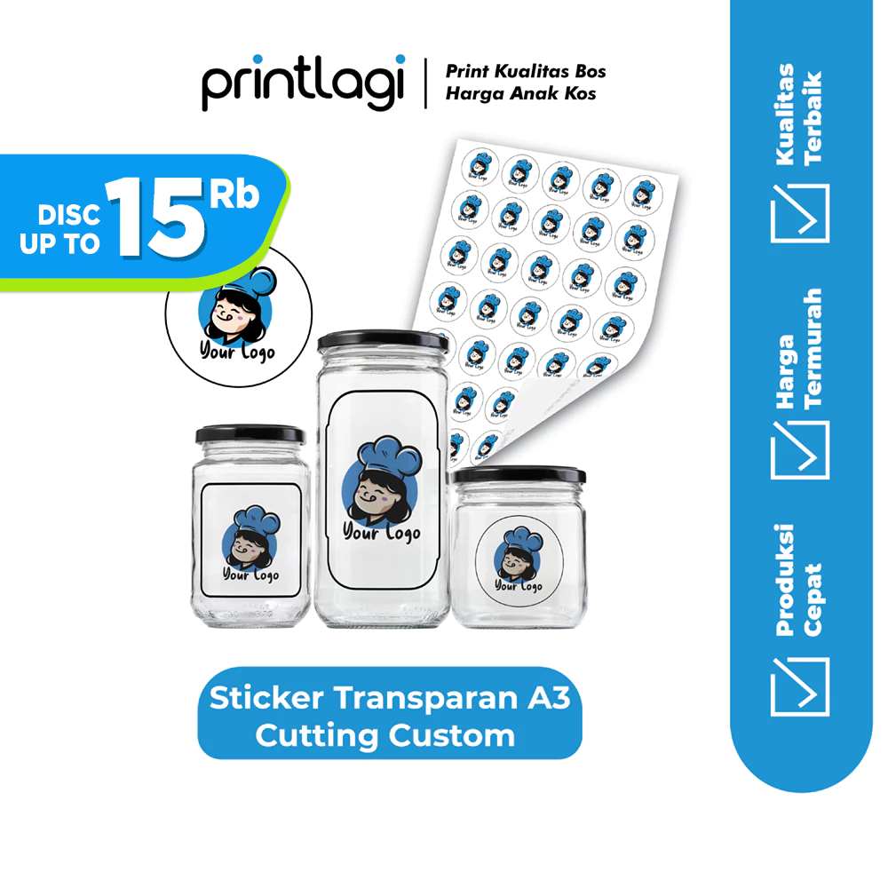 

Cetak Stiker Transparan A3+ Custom / Stiker Transparan Anti Air / Sticker Label Kemasan Olshop Makanan