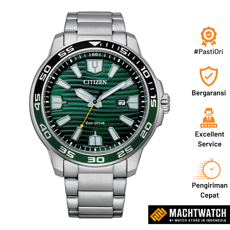 [PRJ 12.12] Jam Tangan Pria Citizen Eco-Drive AW1526-89X Green Pattern Dial Stainless Steel Strap