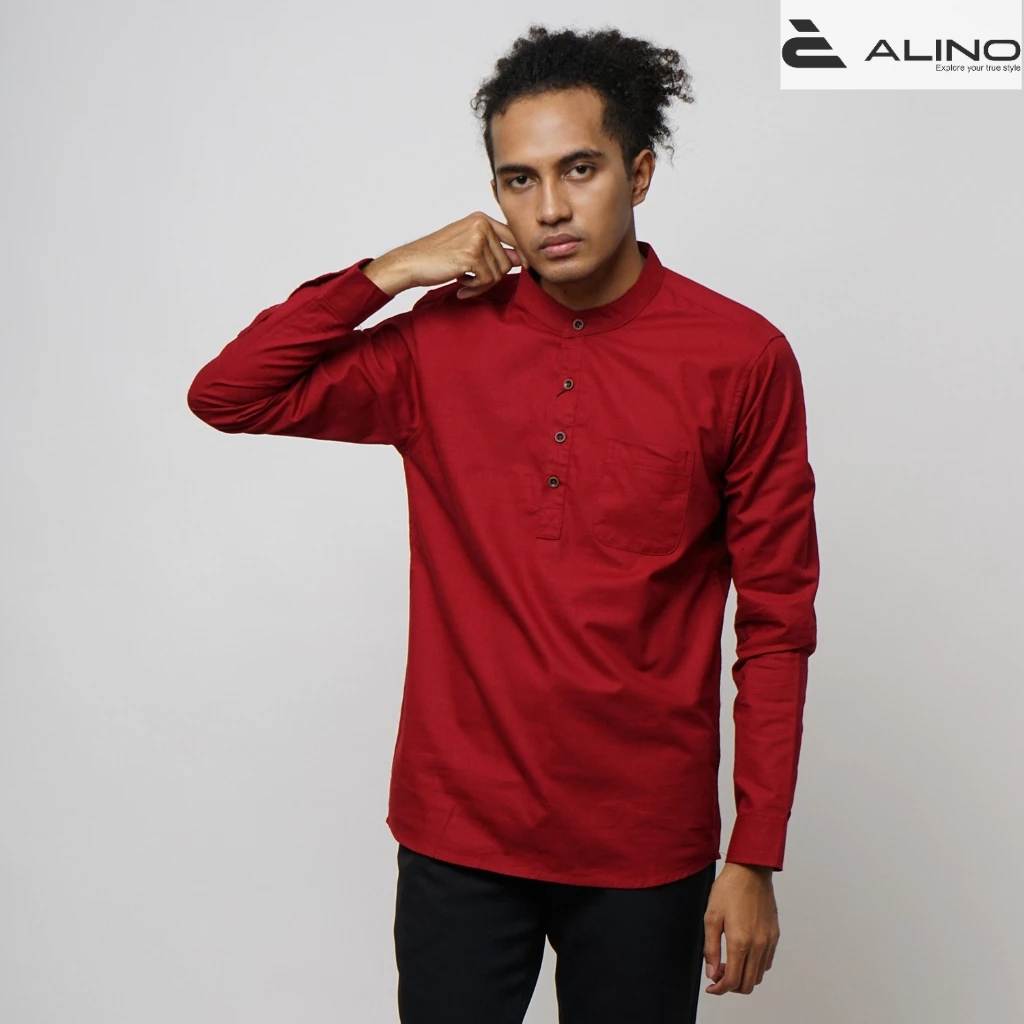 ANOALI Kemeja Pria Koko Lengan Panjang Maroon 026