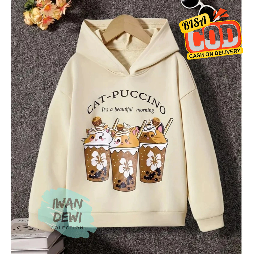 Hoodie Anak Perempuan Boba Cat Cappucino kids Import | Sweater cewek Nyaman & Lucu Usia 4-12 Tahun