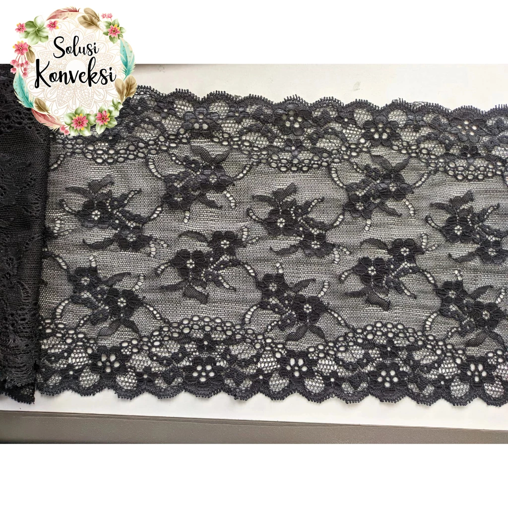 Kain Renda meteran Warna Hitam Lebar 15cm bahan Stretch/Melar (Harga Per 1 meter) l CODE 29062