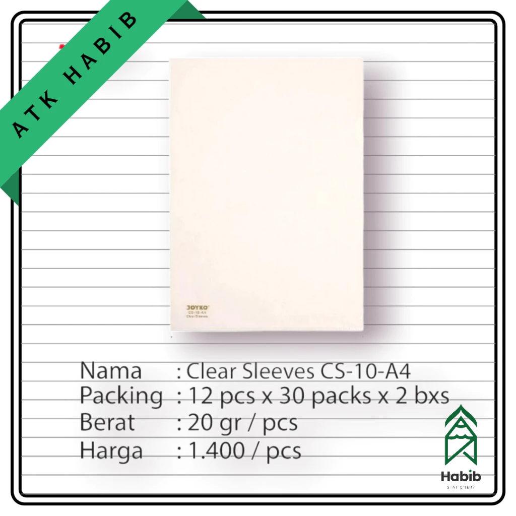 

Clear Sleeves / Map L Bening Transparan Joyko CS-10-A4