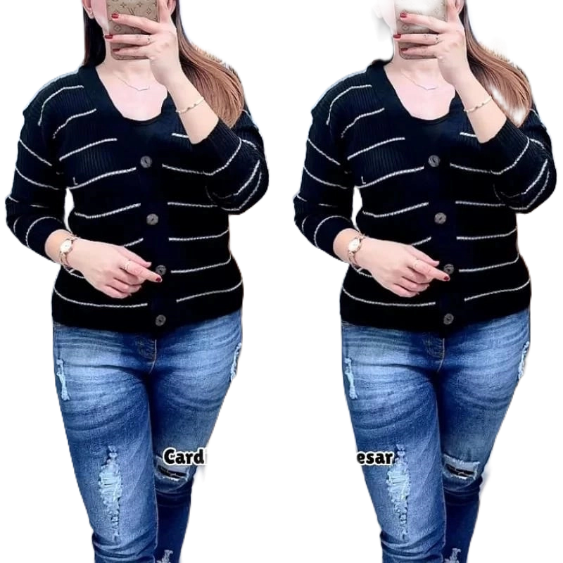 Cardigan Rajut Premium Motif Salur Oversize  / Atasan Wanita Rajut Combi Salur V Neck / Outer Tangan