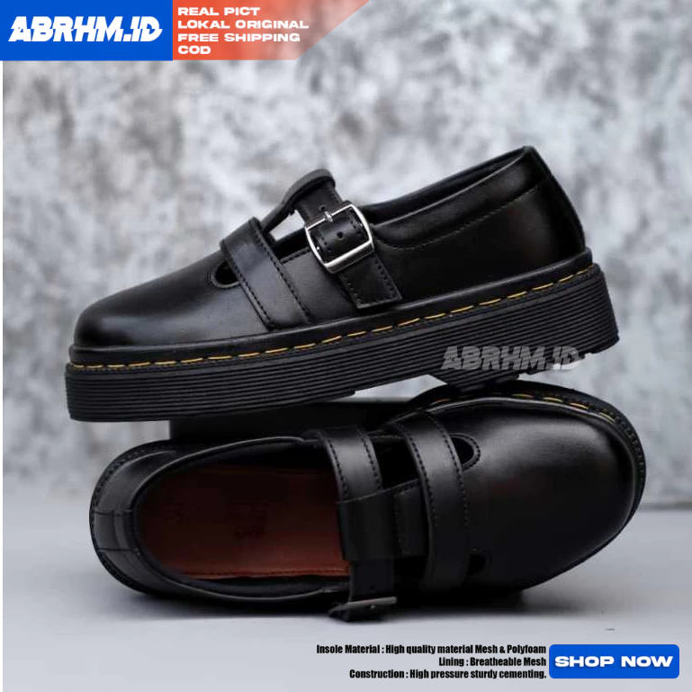 ABRHM Sepatu Docmart Wanita Slop Hitam Kerja Hak 3cm