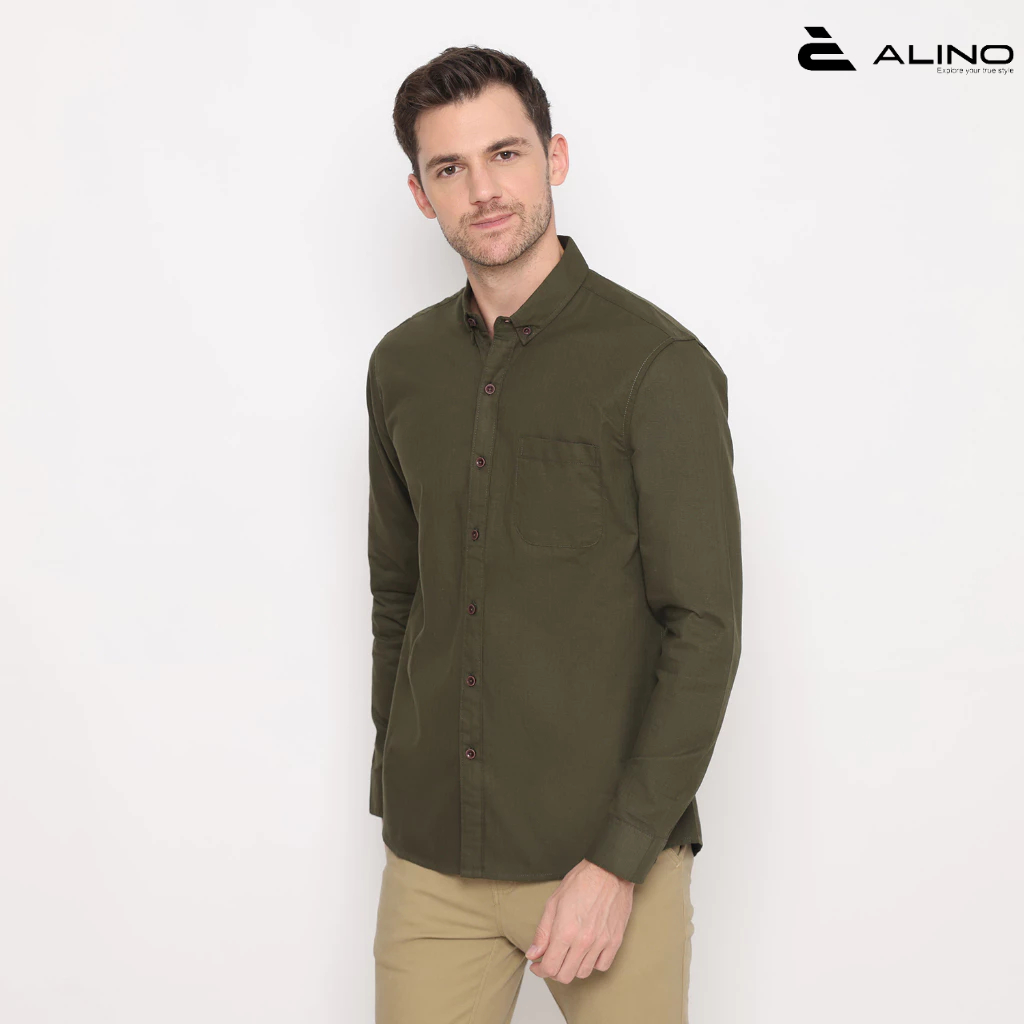 Anoali  Kemeja Pria Basic Lengan Panjang Hijau Army 012
