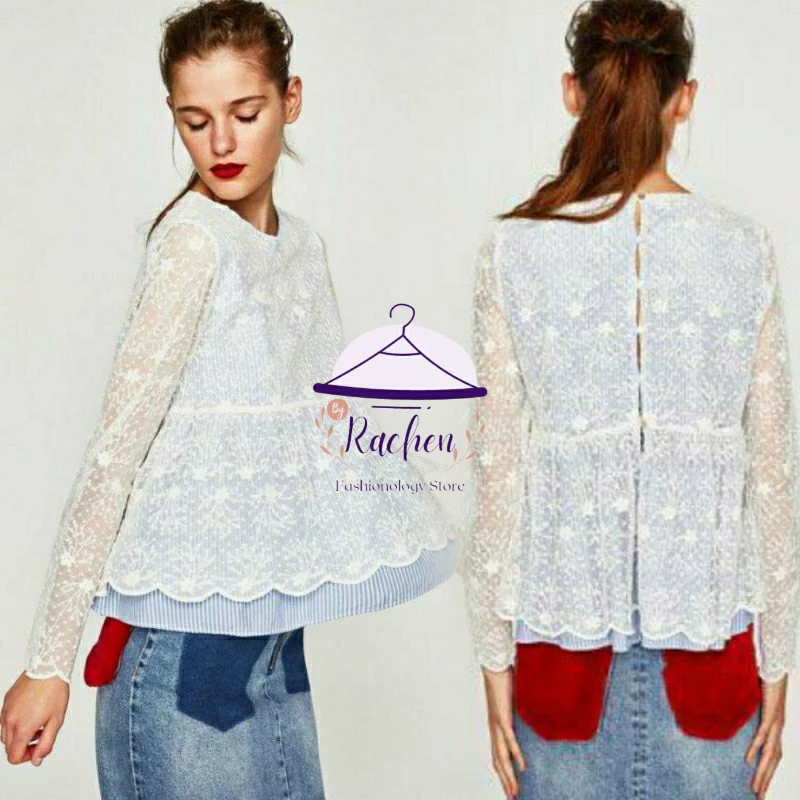 ZARA ~ Atasan Wanita Baju Viral Kekinian Kemeja Motif Garis Salur Renda Striped Lace Long Sleeve Top