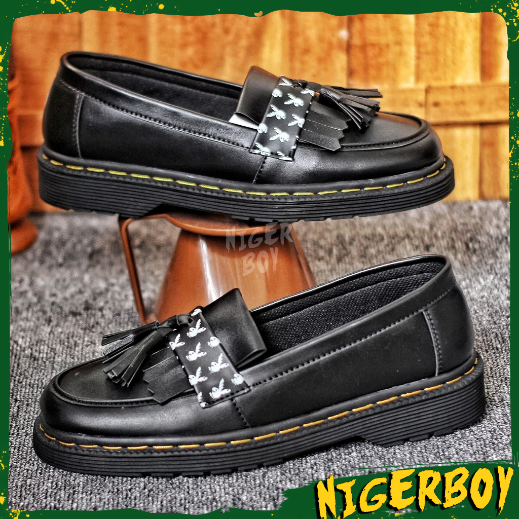 NIGERBOY Joy - Sepatu Loafers Pria Docmart Kulit Pu Hitam Playboy