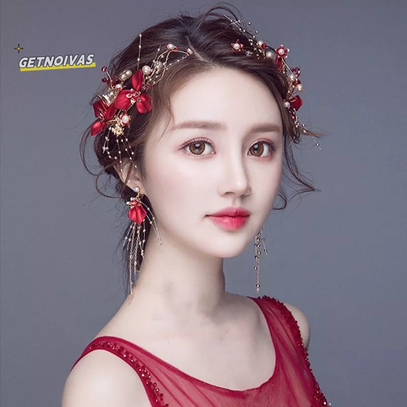 Jepit rambut rumbai bunga merah untuk anak perempuan, gaya tradisional Cina, jepit rambut samping, h