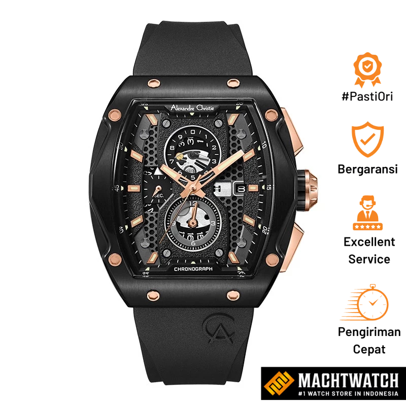 Jam Tangan Pria Alexandre Christie Chronograph AC 6608 MC RBRBA Men Black Dial Black Rubber Strap