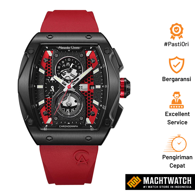Jam Tangan Pria Alexandre Christie Chronograph AC 6608 MC RIPRE Men Black Dial Red Rubber Strap