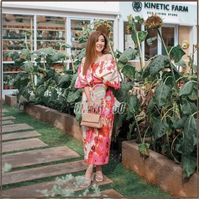 Pink Flower Sabrina Dress Wanita / Casual Seo Ye Ji Dress Women Import Cyra
