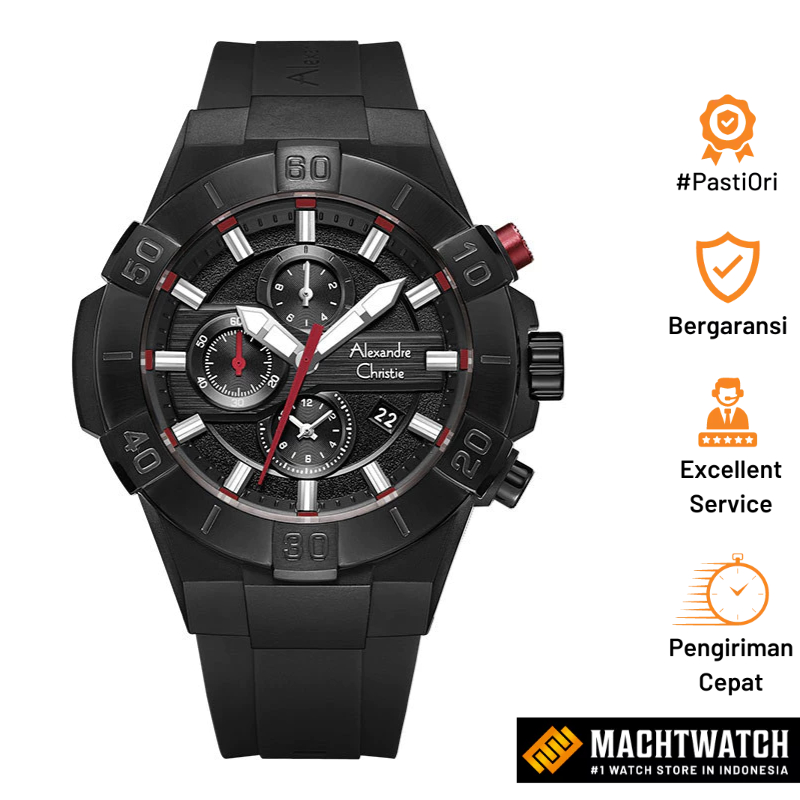 Jam Tangan Pria Alexandre Christie Chronograph AC 6649 MC RIPREBA Men Black Dial Black Rubber Strap
