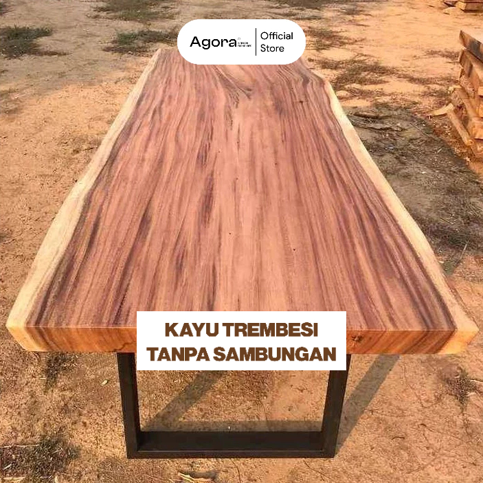 Meja Makan solid trembesi kaki besi Meja Makan Kayu tebal
