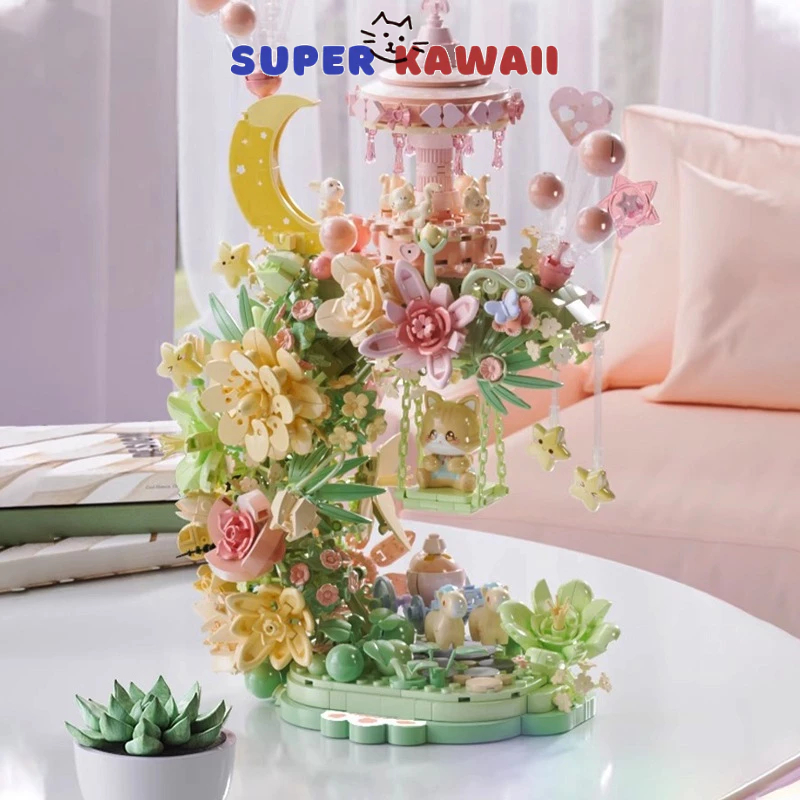 SuperKawaii - [SK209] bricks Building Blocks Flower Puzzle bentuk bunga ayunan kucing bulan Assembli