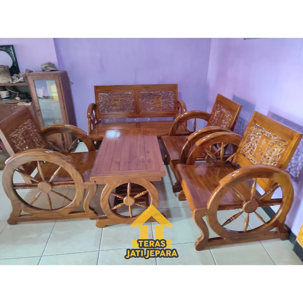 Kursi Tamu Dokar / Meja Tamu Motif Roda / Kursi Kayu Jati Asli