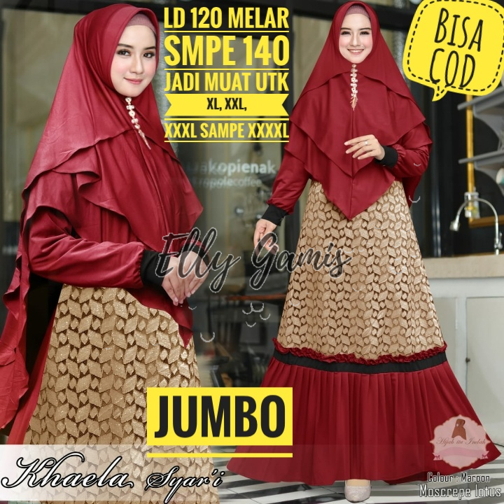 Gamis Brukat Jumbo Khaela LD 120-140 Baju Pesta Brukat Big size XXXL Maxmara Plus Kerudung