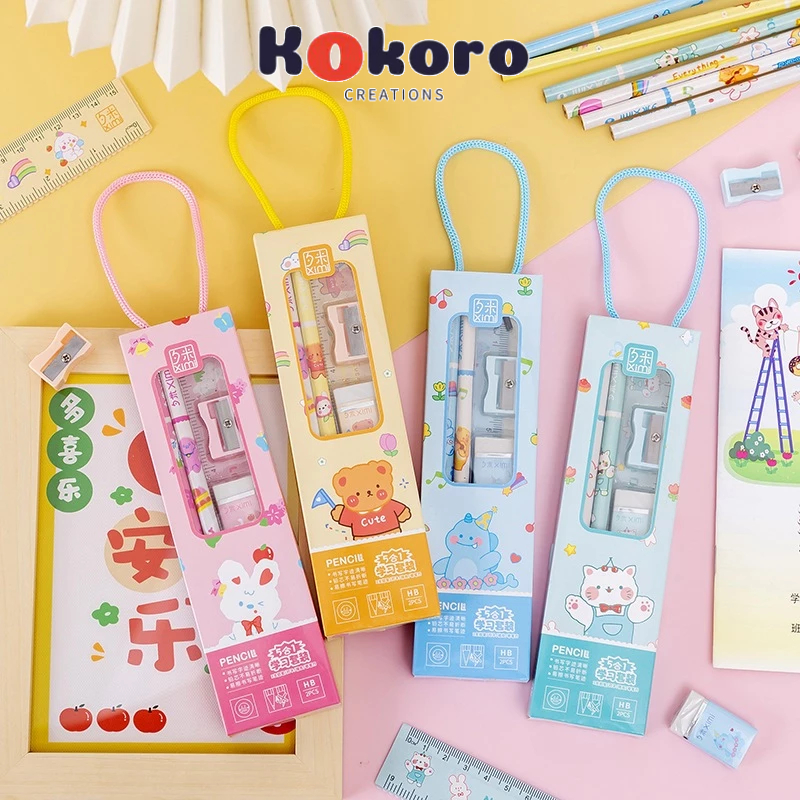 

KokoroCreations - [SK66] Alat tulis sekolah 5 pcs set paket rautan pensil penggaris penghapus anak stationery ATK lucu