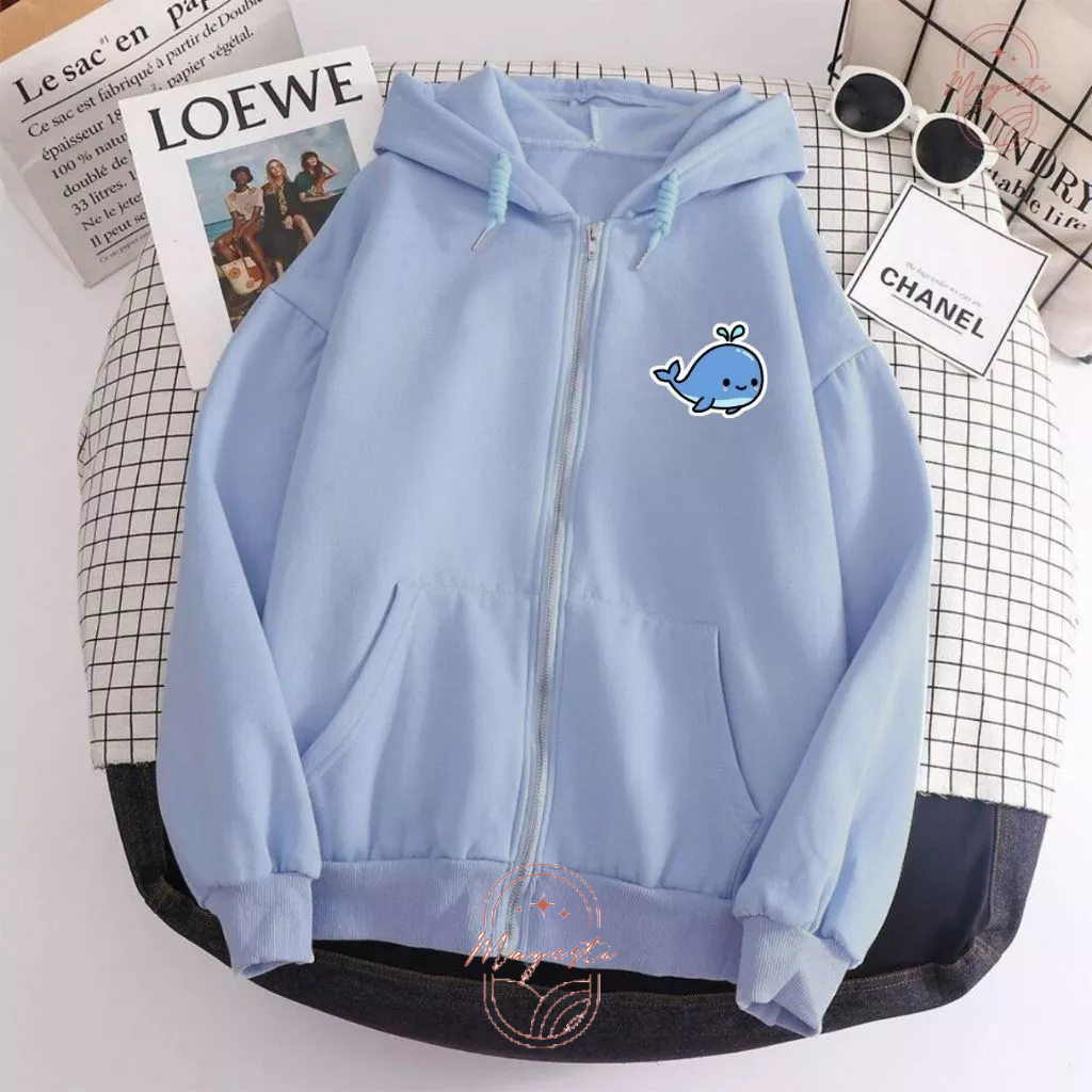 Jaket Zipper Hoodie Sweater Cute Lucu  Wanita Kekinian Korea Paus Sweter Bahan Fleece Tebal