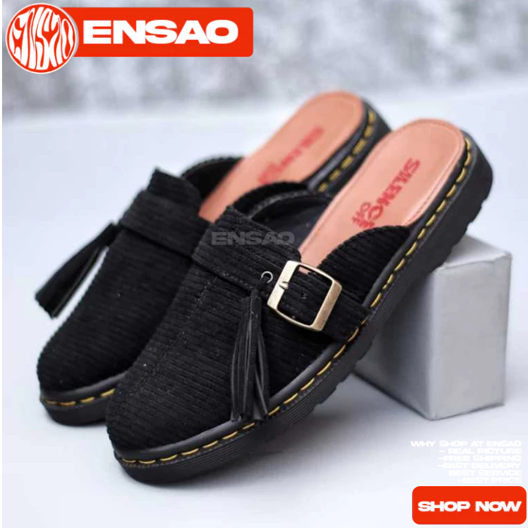 Sandal Sepatu Bustong Casual Corduroy Hitam Wanita