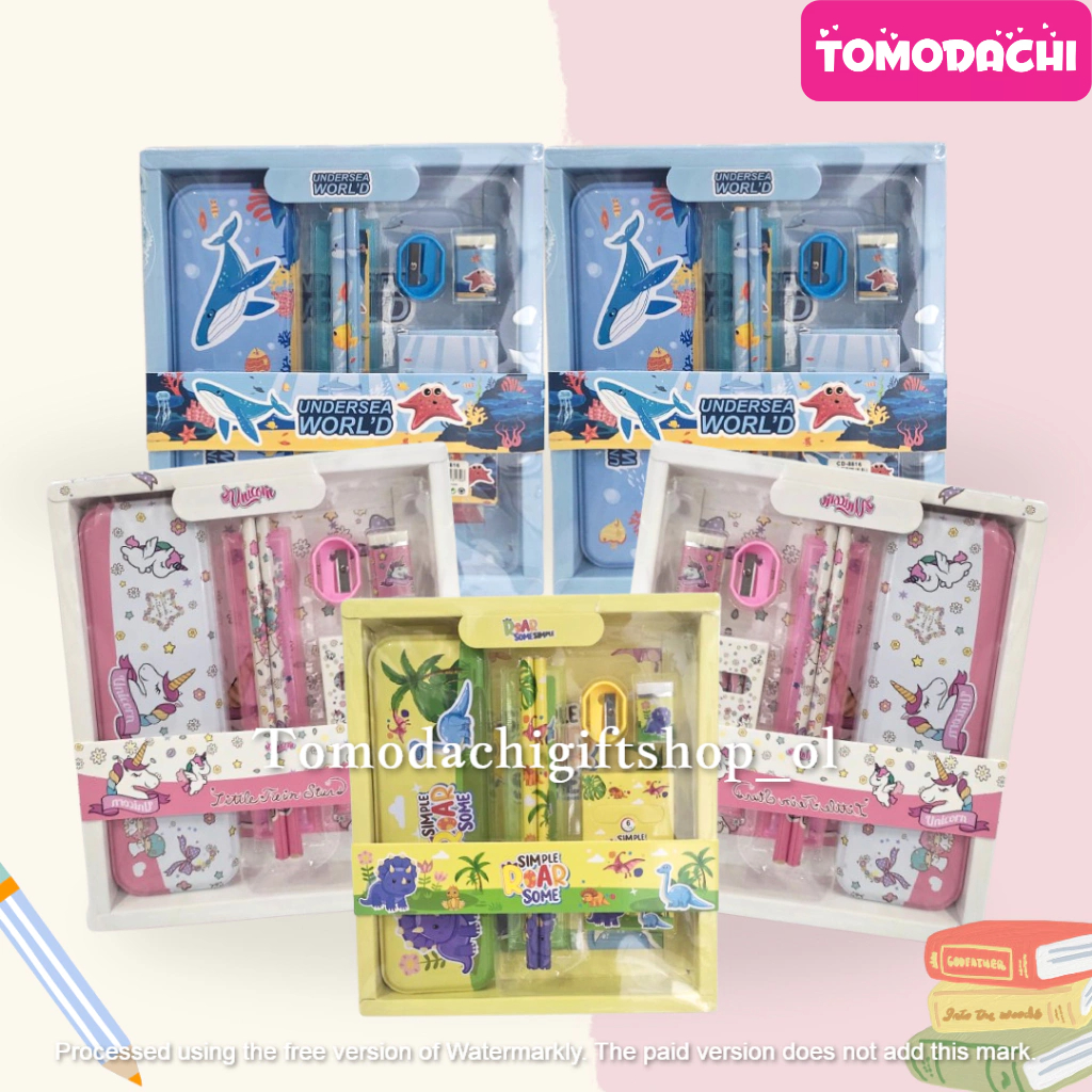 

TM/ Tempat Kotak Pensil Tepak Stationary Set Sekolah Alat Tulis Anak 6 in 1 Dinosaurus Unicorn Shark Mix Import