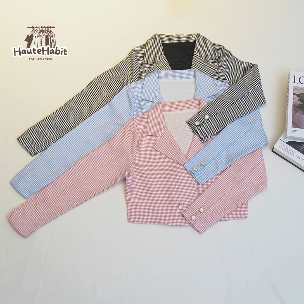 Tweed Blazer Crop - baju Luaran Wanita Lengan Panjang Simple