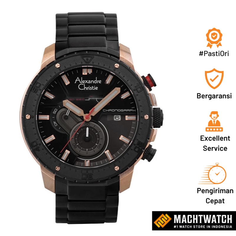 Jam Tangan Pria Alexandre Christie Chronograph AC 6627 MC BBRBA Men Black Dial Black Stainless Steel