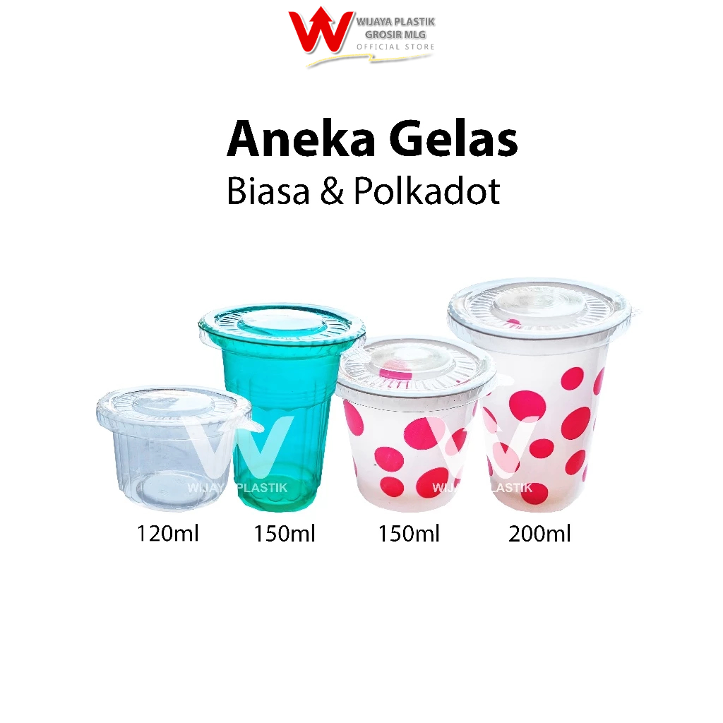 [GROSIR 1 DUS] Aneka Gelas Plastik BENING & POLKADOT ( 60 90 100 110 120 150 200 220 ml ) --- 40 pac