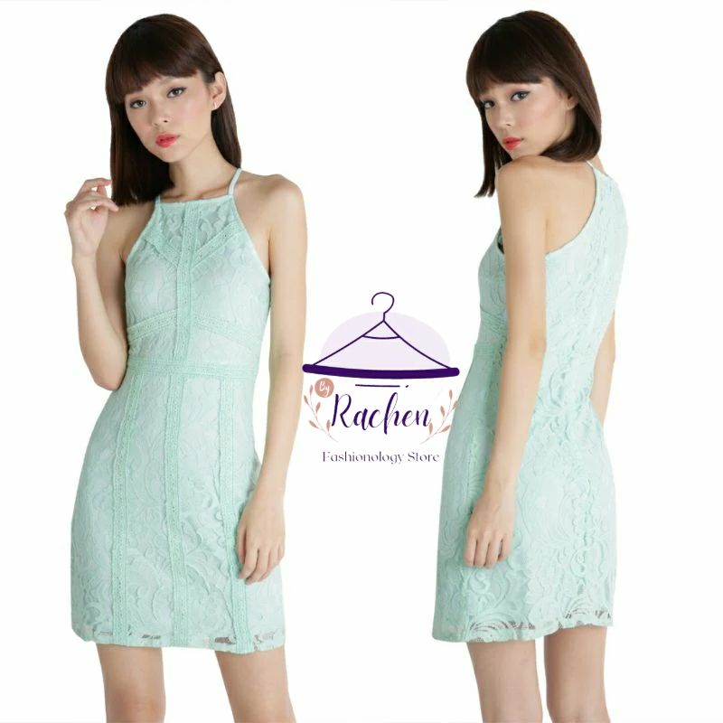 THE TINSEL RACK ~ Gaun Wanita Brukat Hijau Muda Claire Lace Sleeveless Bodycon Mini Dress in Mint Gr