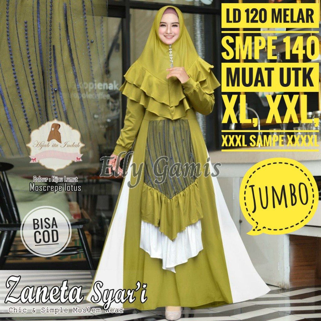 Gamis Brukat Jumbo Zaneta LD 110-140 Baju Pesta Brukat Big size XXXL Jersey Plus Kerudung