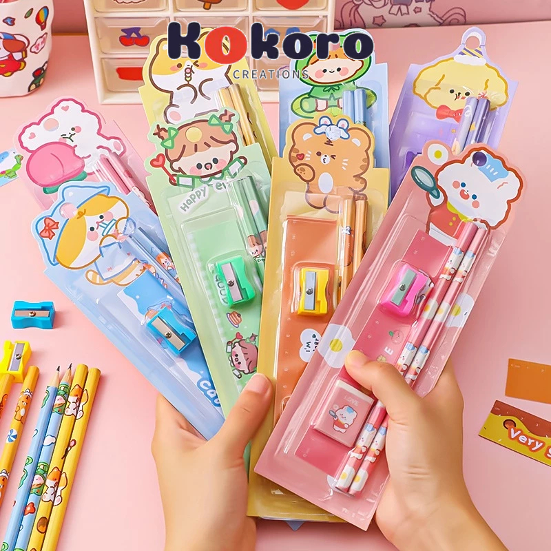 

KokoroCreations - [SK53] paket alat tulis 5 in 1 alat tulis set rautan pensil penghapus penggaris stationery