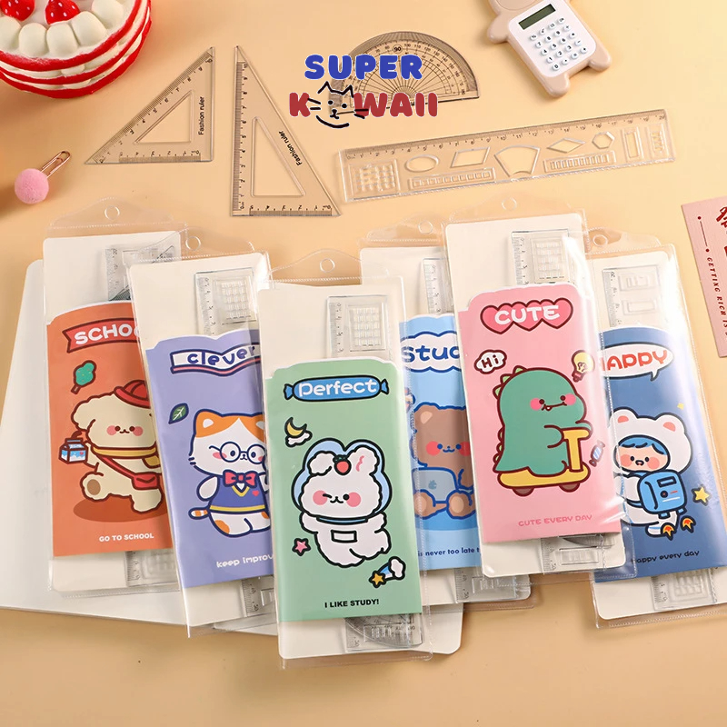 

Super Kawaii - [SK75] Penggaris set model 4pcs ruler busur derajat segitiga motif animal lucu